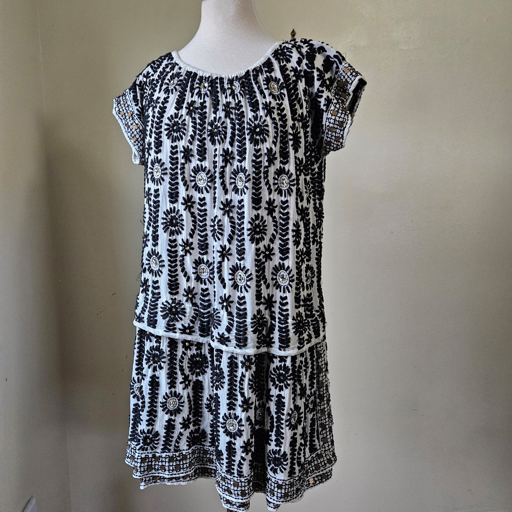 Muche et Muchette Bohemian Black White Floral Embroidered Sequin Mini Dress S/M